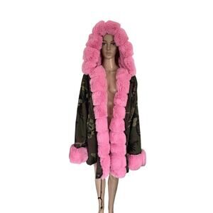 Y2K Style Faux Fur Lined Overcoat Hooded 3XL Barbiecore Indie Military Camo Pink